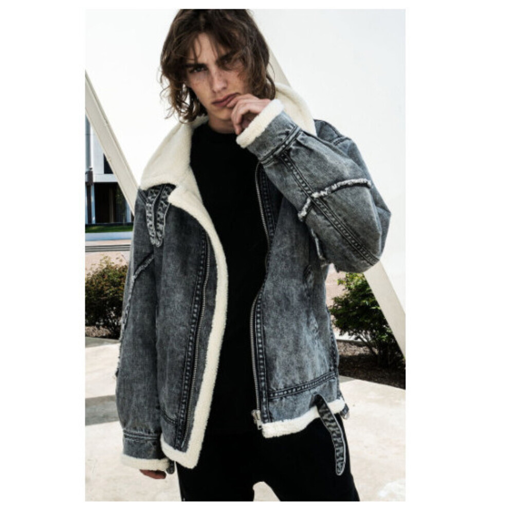 Drifter Men' Denim Jacket With Fray Detail Faux Shearling In Black Size S $450